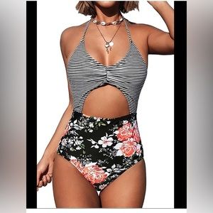 Cupshe stripes and flowers cutout one piece swimsuit